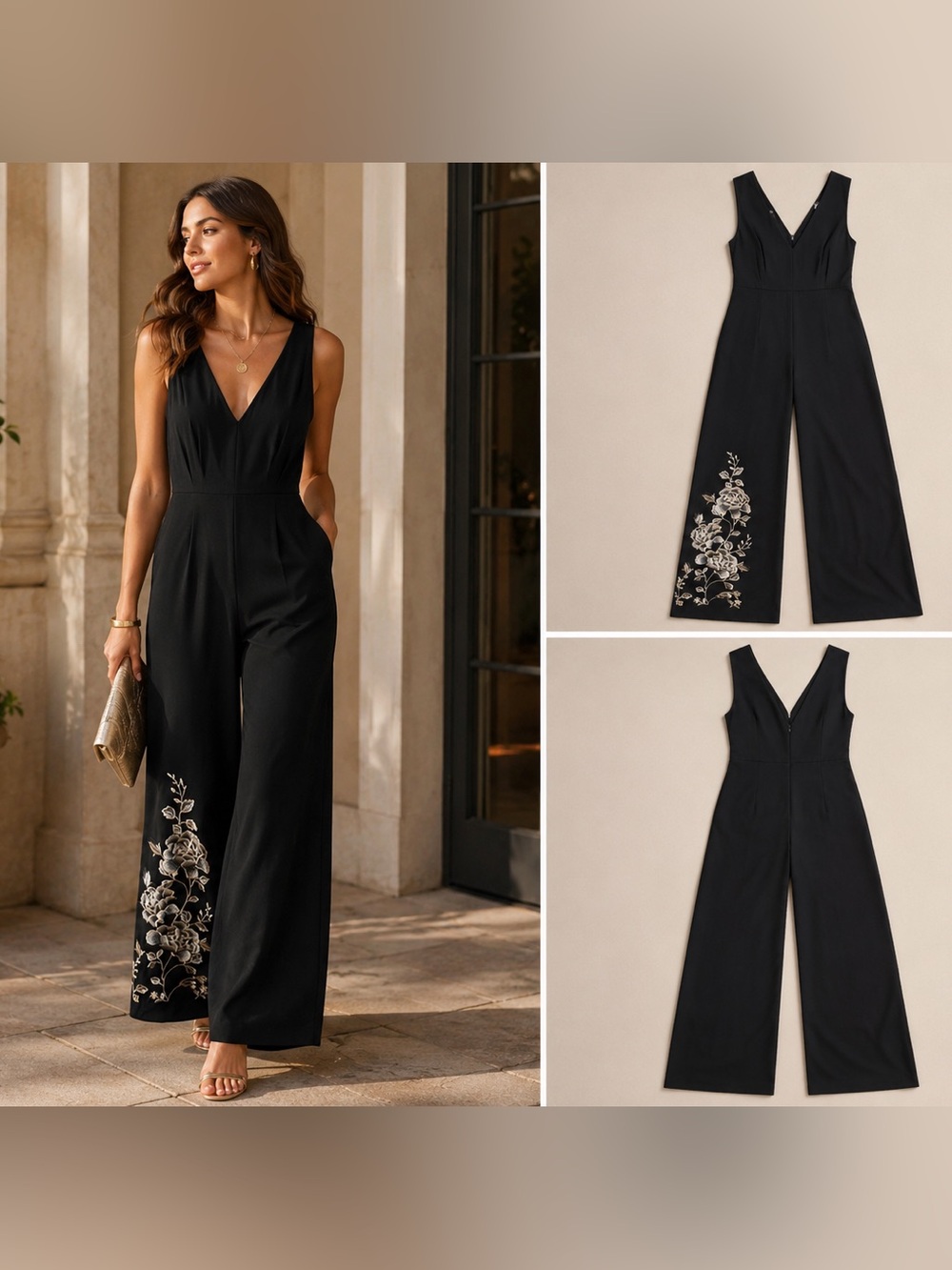Anthropologie HD in Paris Tal Floral Embroidered Wide Leg Jumpsuit Black Size 4